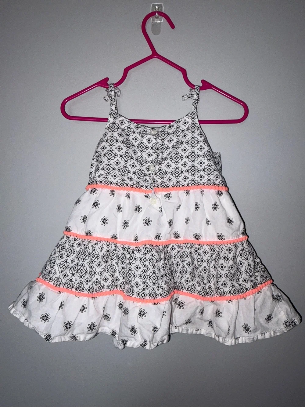 Girls White & Black Floral Tiered Dress with Neon Pink Trim 12-18 months